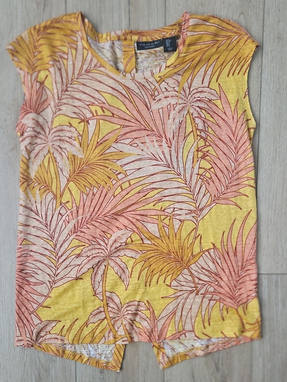 Tahari 100% Luxe Linen Yellow & Terracotta Tropical Print Cap-Sleeve Top